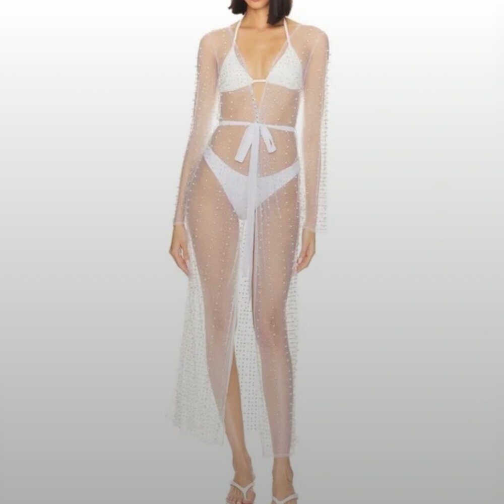 Beach Bunny Sheer White Beaded Long Sleeve Swim Coverup